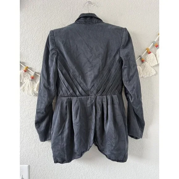 Alice + Olivia 100% Silk Navy Hook Eye Ruched Blazer Jacket Office Victorian S - Picture 2 of 11